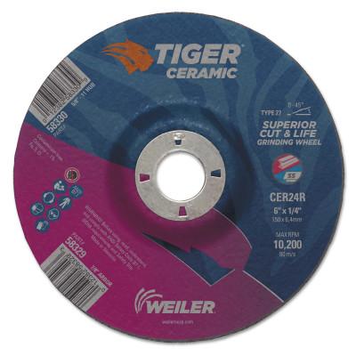 Weiler® Tiger Ceramic Grinding Wheels, 6 in Dia., 1/4 in Thick, 7/8 in Arbor, 24 Grit, 58329
