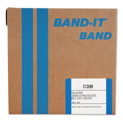 Band-It?? Valustrap Strappings, 5/8 in x 100 ft, 0.015 in Thick, Stainless Steel, C13599