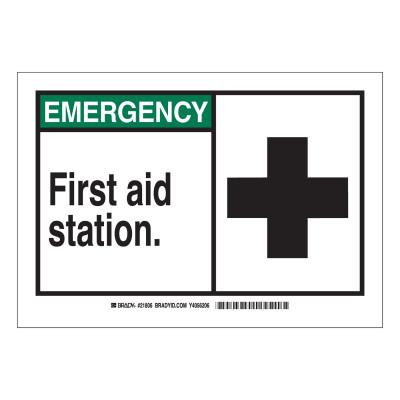 BradyÂ® EMERGENCY First Aid Station Signs,  10w x 7h, Black/Green, 21806