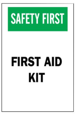 BradyÂ® First Aid Signs, Safety First, First Aid Kit, White/Red/Black, 41208
