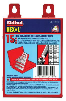 Eklind?? Tool Hex-L Key Set, 15 per set, Hex Tip, Inch, 10115