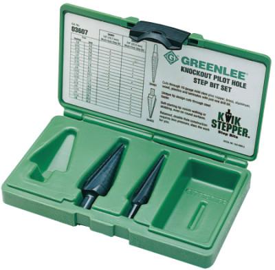 GreenleeÂ® Kwik StepperÂ® Step Bit Kit, 1/8 in to 1-1/8 in Cutting dia, 3 to 13 Steps, Case, 35884C
