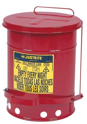 Justrite Red Oily Waste Can, 14 Gal, Red, Foot Operated Cover, 09500