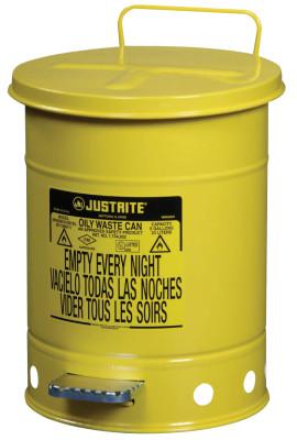 Justrite Oily Waste Can, 6 gal, Yellow, Foot-Operated Cover, 09101