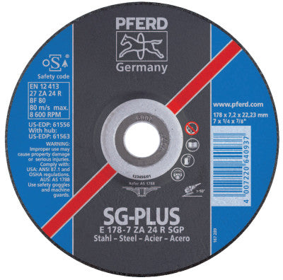 Pferd Depressed Center Grinding Wheel, 4 1/2 Dia, 1/4 Thick, 5/8 Arbor, Zirconia, 61560