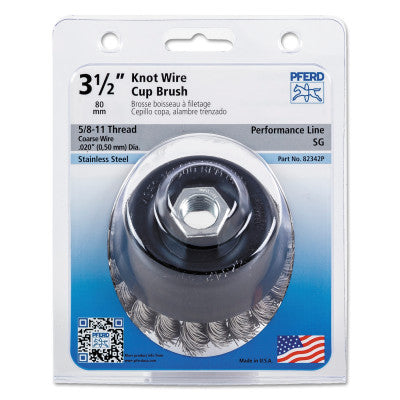 Pferd Mini Knot Cup Brush, 3 1/2 in Dia., 5/8-11 Arbor, 3/4 x .02 in Stainless Steel, 82342P