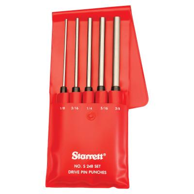 L.S. Starrett Drive Pin Punch Sets, 5 Piece, Round, English, Plastic Case, 51186