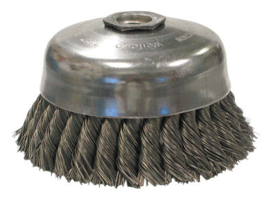 Weiler® Single Row Heavy-Duty Knot Wire Cup Brush, 5 in Dia., 5/8-11 UNC, .014 Steel, 12256