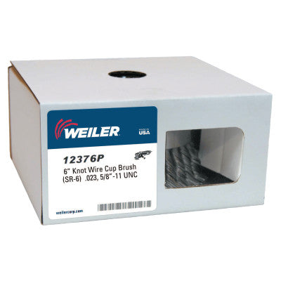 Weiler® Single Row Heavy-Duty Knot Cup Brush, 6 in Dia., 5/8-11, .023 Steel, Display Pk, 12376P