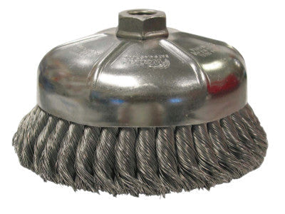 Weiler® Single Row Heavy-Duty Knot Cup Brush, 6 in Dia., 5/8-11 UNC, 1 3/8 x .035 Steel, 12396