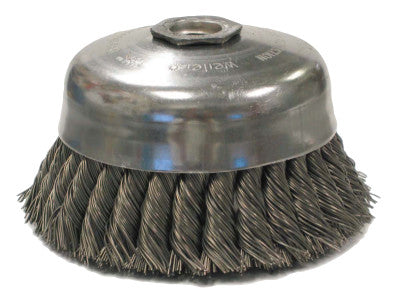 Weiler® Single Row Heavy-Duty Knot Wire Cup Brush, 6 in Dia., 5/8-11 UNC, 1 3/8 x .023 Steel, 12816