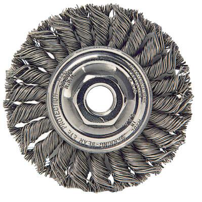 Weiler® Standard Twist Knot Wire Wheel, 4 in D x 1/2 in W, .02 in Steel, M10 x 1.25 Nut, 13114