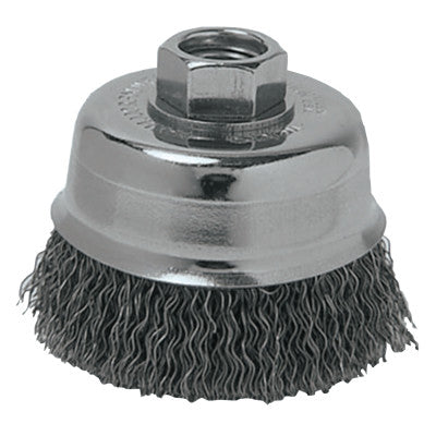 Weiler® Crimped Wire Cup Brush, 3 in Dia., 3/8-24 UNF Arbor, Steel Wire, 13243