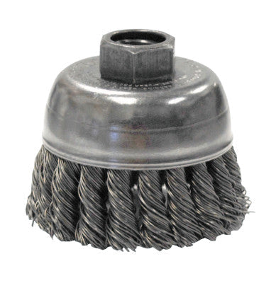 Weiler® Single Row Heavy-Duty Knot Wire Cup Brush, 2 3/4 in Dia., 3/8-24 UNF, .02 Steel, 13284