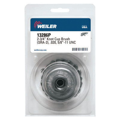 Weiler® Single Row Heavy-Duty Knot Wire Cup Brush, 2 3/4 in Dia., 5/8-11 UNC, .020 Steel, 13286P