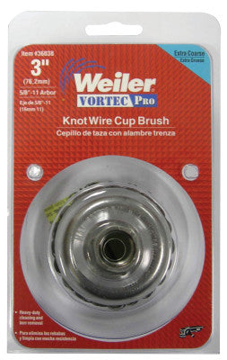 Weiler® Vortec Pro® Knot Wire Cup Brush, 3 in Dia., M10 x 1.25, .02 Steel, Display Pack, 36041