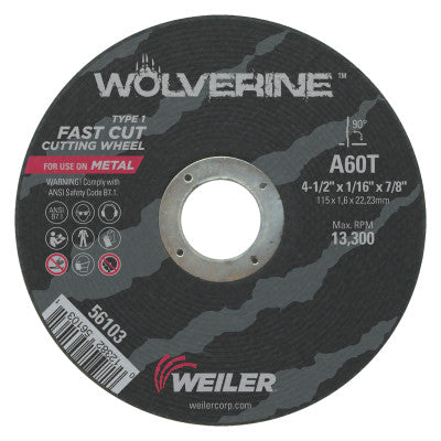 Weiler® Wolverine™ Flat Type 1 Cutting Wheel, 4 in Dia, 60 Grit, Aluminum Oxide, 56165