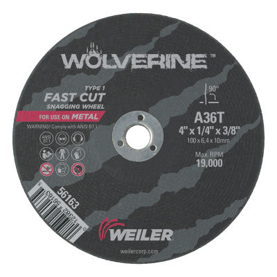 Weiler® Vortec Pro® Type 1 Portable Snagging Wheel, 4 in Dia, 1/4 in Thick, 36 Grit Alum. Oxide, 56163