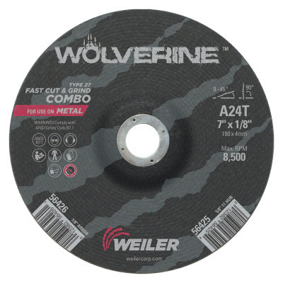 Weiler® Wolverine Combo Wheels, 7 in Dia, 1/8 in Thick, 7/8 in Arbor, 24 Grit, T, 56426