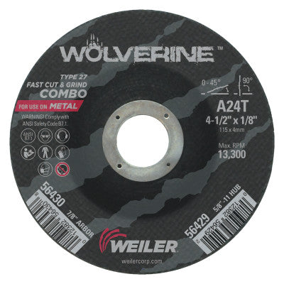 Weiler® Wolverine® Combo Wheel, 4 1/2 in Dia, 1/8 in Thick, 7/8 in Arbor, 24 Grit, R, 56430