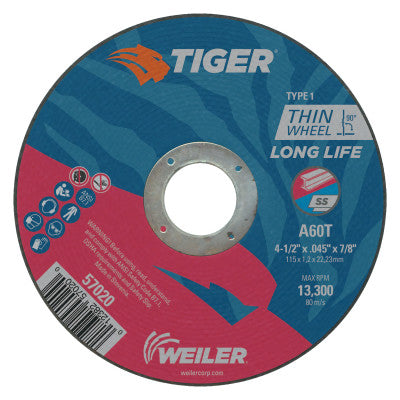 Weiler® Tiger® Thin Cutting Wheel, 4-1/2 in Dia, 3/32 in Thick, 5/8 in-11 Arbor, Grit 36, 57080