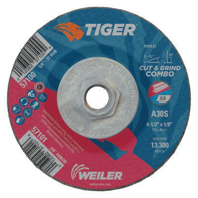 Weiler® Tiger Combo Wheels, 4 1/2 in Dia, 5/8 in-11 Arbor, Grit 30, 57100