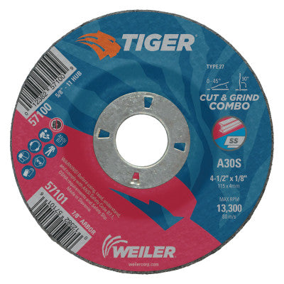 Weiler® Tiger®  AO Type 27 Combo Wheel, 5 x 1/8 in, 5/8 in-11 Arbor, A30S, 57102