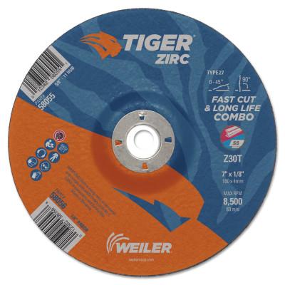 Weiler® Tiger Zirc Combo Wheels, 7" Dia., 1/8" Thick, 7/8" Arbor, 30 Grit, Zirconium, 58056