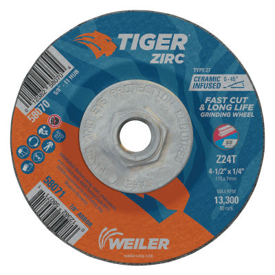 Weiler® Tiger® Zirc Grinding Wheel, 4-1/2 in Dia, 1/4 in Thick, 5/8 in-11 Arbor, 58070