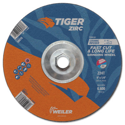 Weiler® Tiger® Zirc Grinding Wheel, 5 x 1/4 in, 7/8 in Arbor, Type 27, A24R, 58073