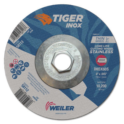 Weiler® Tiger"ox Thin Cutting Wheels, 6" Dia., 0.045" Thick, 60 Grit, Aluminum Oxide, 58113