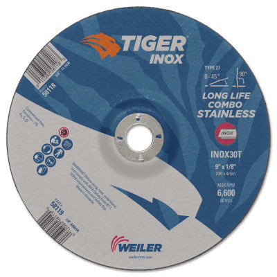Weiler® Tiger Inox Combo Wheels, 9 in Dia., 1/8 in Thick, 7/8 in Arbor, 30 Grit, 58119