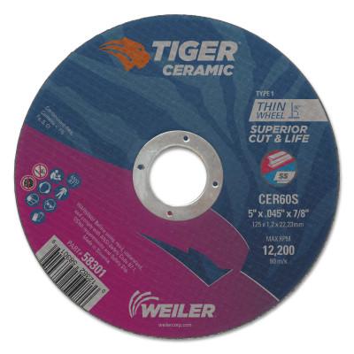 Weiler® Tiger™ Ceramic Cutting Wheel, Type 1, 5 in Diameter., 0.045 in Thick, 7/8 in Arbor, 58301