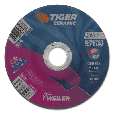 Weiler® Tiger™ Ceramic Cutting Wheel, Type 27, 5 in Diameter., 0.045 in Thick, 7/8 in Arbor, 58307