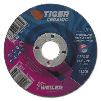 Weiler® Tiger Ceramic Grinding Wheels, 4.5 in Dia, 1/4 in Thick, 7/8 in Arbor,10/bx, 58325
