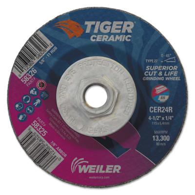 Weiler® Tiger Ceramic Grinding Wheels, 4.5 in Dia, 1/4 in Thick, 5/8 in Arbor,10/bx, 58326
