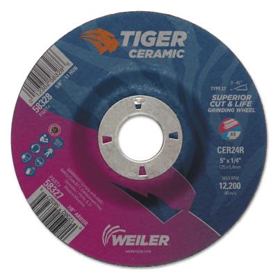 Weiler® Tiger Ceramic Grinding Wheels, 5 in Dia., 1/4 in Thick, 7/8 in Arbor, 24 Grit, 58327